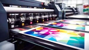 Colorful geometric designs being printed on large sheets using a modern digital print machine.