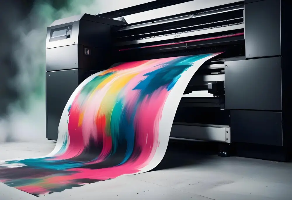 Large digital print machine producing vibrant, colorful artwork.